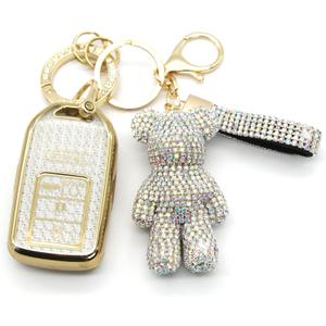 Key Fob Cover with Diamond Keychain, Car Key Shell for Women, Compatible with 2016-2022 Honda Accord Civic Pilot Ridgeline Passport Key Protector (5 Buttons-Silver Bear)