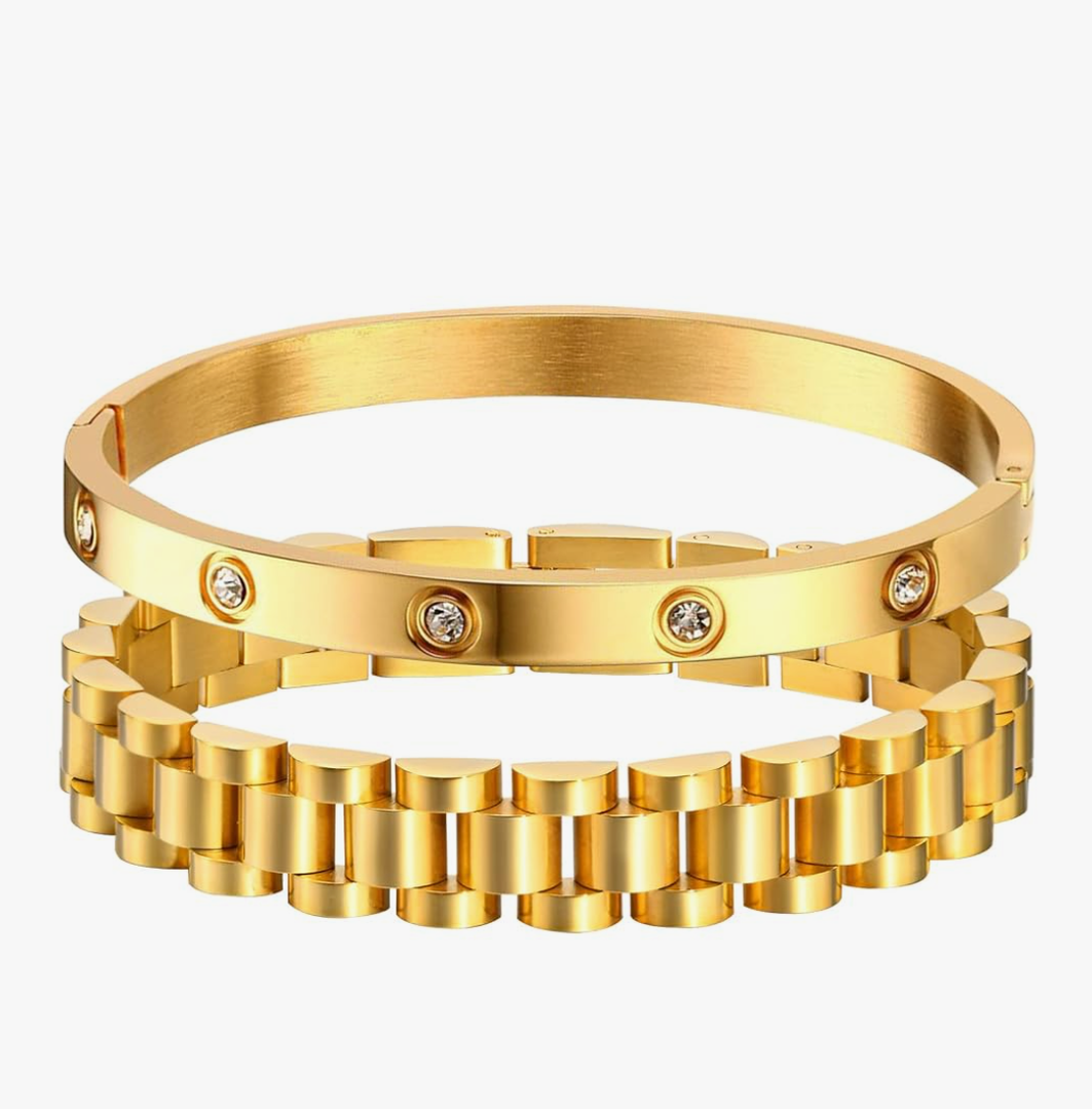 2pcs Gold Chain Link Bracelet, Stainless Steel Crystal Friendship Bracelets Bangle,Watch Band Chains Wristband Jewelry with Adjust Tool
