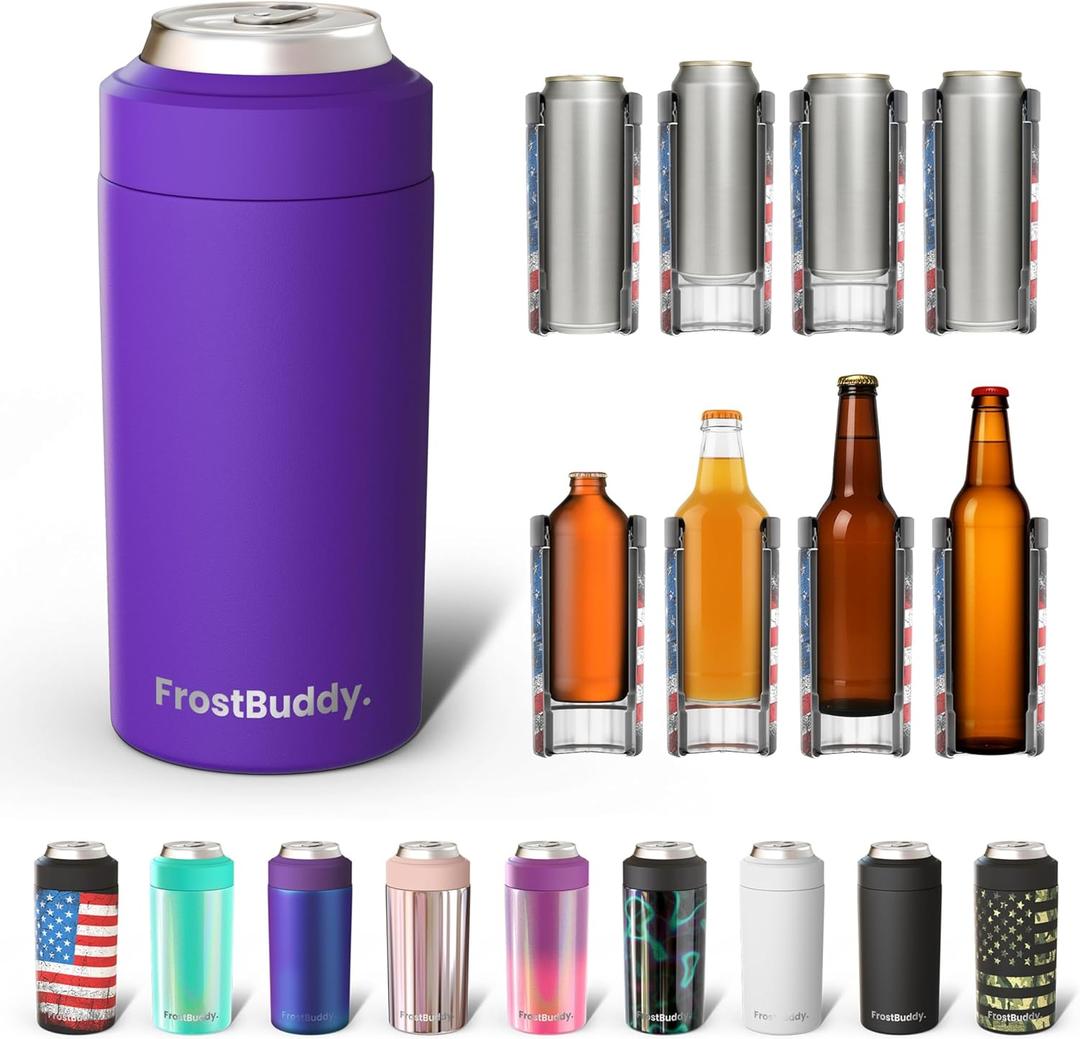 Frost Buddy Universal Buddy Can Cooler - Fits All - For Regular 12 & 16 oz or Slim-Size Bottles - Insulated Double-Walled Stainless Steel (Purple)