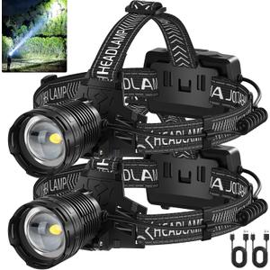 Rechargeable Headlamp, 990,000 Lumens LED Head Lamp with 3 Light Modes, USB Rechargeable, 90Adjustable, Waterproof, Super Bright Headlamps for Adults Camping Running Biking (ATTERY Included)
