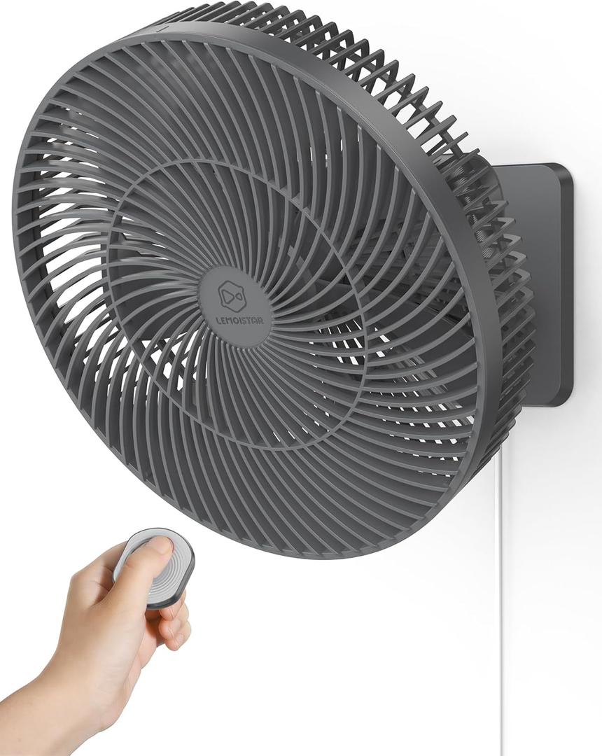 12" Wall-Mounted Oscillating Fan with Remote & Timer, Compact Bedroom/RV Fan - 4 Speeds, Quiet 90Rotation, Adjustable Tilt, 8.2 ft Cord for Bathroom & Home Cooling, Include Adapter, Easy to Clean (Grey)