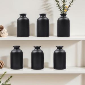 Black Ceramic Bud Vases Set of 6 5in Small Vases for Dry Flowers or House Plants, Modern Boho Decorative Vases for Wedding, Home, Table Centerpieces, Mantel or Office Decor