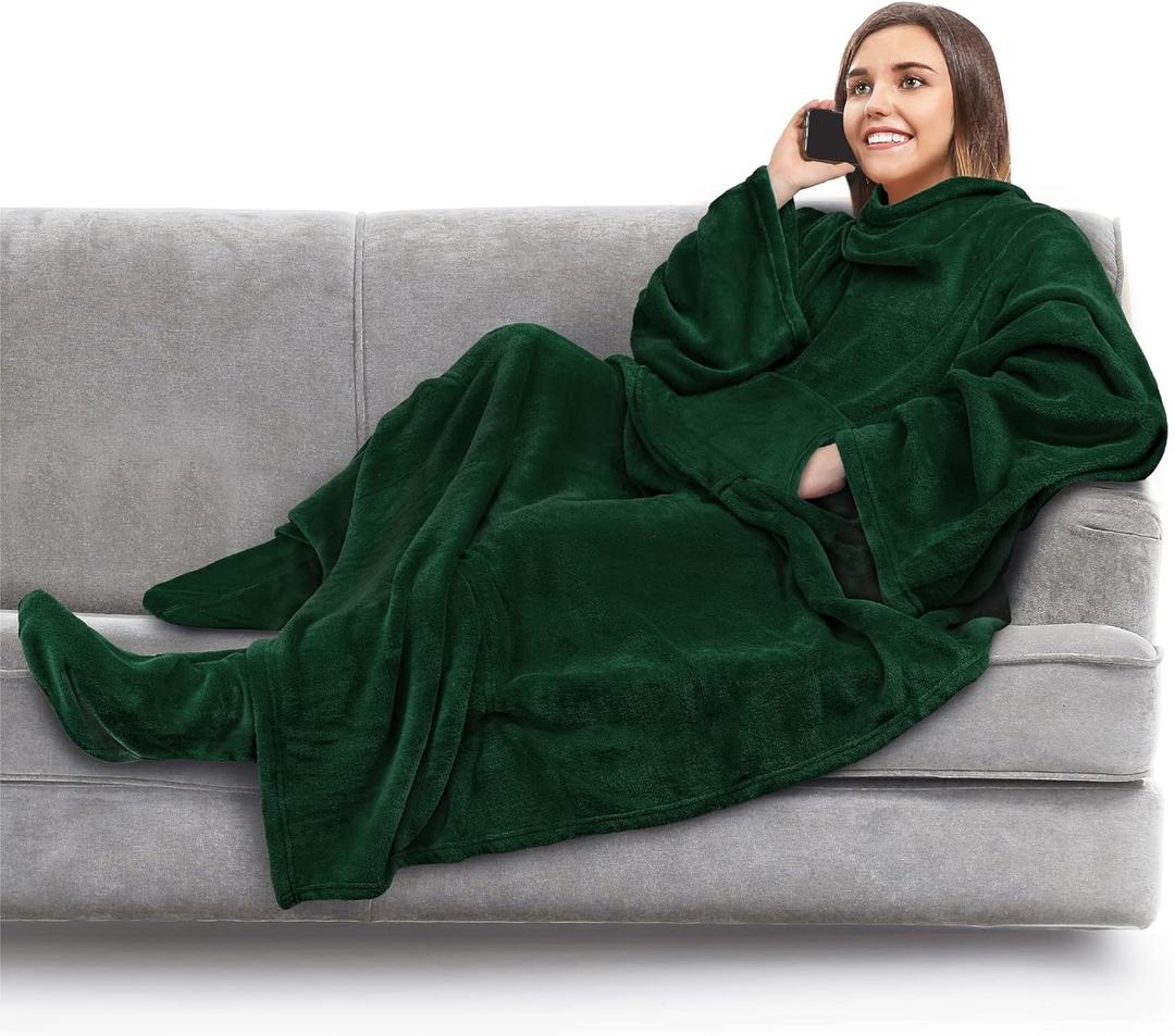 PAVILIA Fleece Blanket with Sleeves, Foot Pockets for Women Men Adults, Plush Wearable Blanket Throw Wrap, Warm Snuggle Blanket Robe, Cozy Gift Ideas Wife Mom, Dark Green