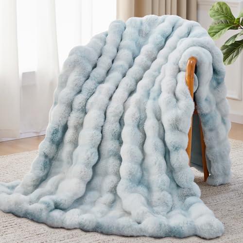 Anysay Faux Fur Throw Blanket, 1000GSM Fluffy Soft Bubble Blanket for Couch Bed, Cozy Plush Warm and Thick Rabbit Blanket for Living Room Bedroom 60''*80'' Tie-dye Blue
