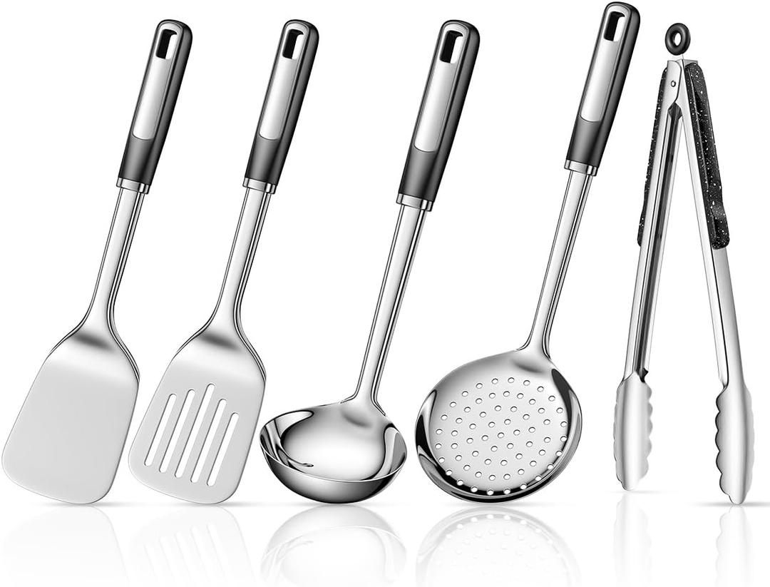 5-Piece Stainless Cooking Utensils,Heavy-Duty Thickened Cooking Utensils,Kitchen Tools Include Solid & Slotted Spatula,Soup Ladle,Egg Whisk,Tongs,Skimmers