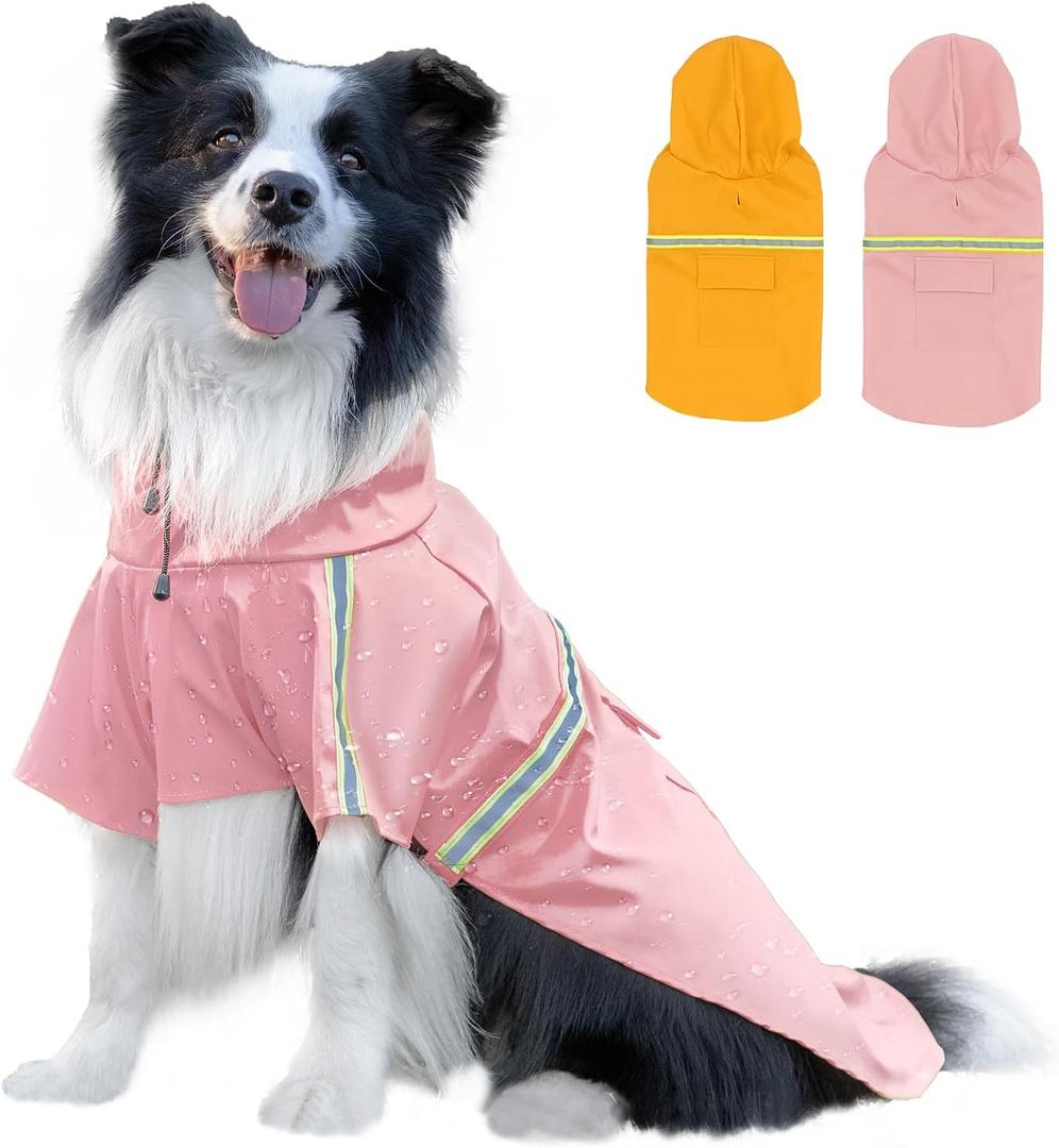 Dog Raincoat, Waterproof Windproof Dog Rain Jacket Adjustable, Rain Coat with Leash Hole, Reflective Strap Raincoat Poncho for Small Medium Large Dogs Outdoor (Reflection-Pink, M)
