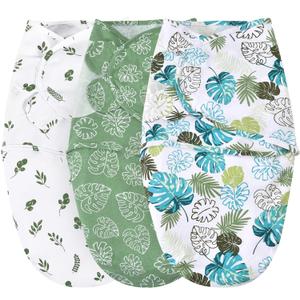 david's kids 100% Cotton 3 Pack Baby Swaddle Wrap for 0-3 Months, Soft Breathable Swaddle Blanket for Newborn Infant, Adjustable Baby Wrap Sleep Sacks for Boys Girls, Newborn Essentials, Leaf