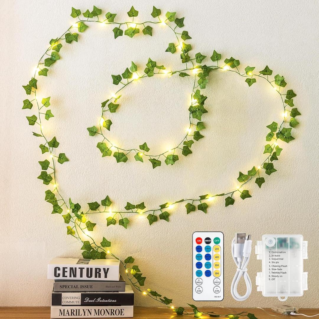 Vines with Fairy Lights,13ft Ivy Garland String lights with Remote,40 LED Fake Leaf lights USB/Battery Operate for Dorm,Bedroom,Wall,Celling,Curtain,Photo, Wedding,Christmas Decor(Warm White) (40LED-Cooper wire)