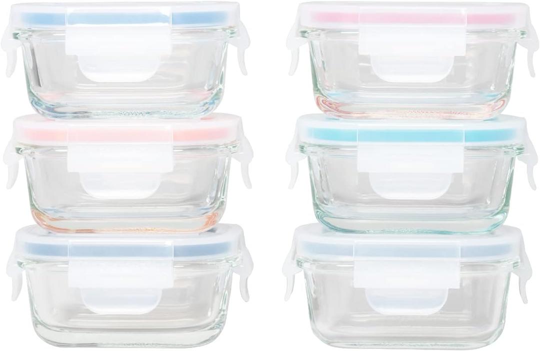 GENICOOK Borosilicate Glass Small Baby-Size Meal and Food Storage Containers, Rectangular Shape - 12 pc Set (6 Containers - 6 Matching Lids)