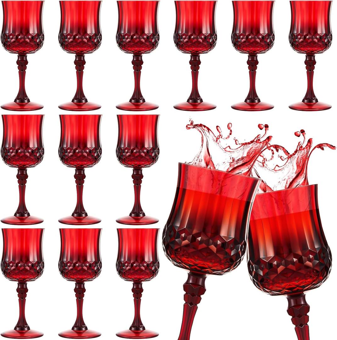 Pinkunn 12 Pcs Red Plastic Goblets 7 oz Plastic Wine Glasses Reusable Vintage Drinking Glasses Dishwasher Safe for Christmas Wedding Birthday Party Supplies