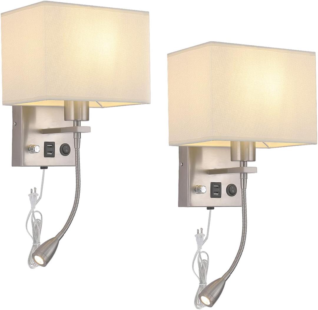 Wall Sconce Plug in Cord Set of 2, Bedside Wall Mount Lights with Dimmable Switch, LED Bedroom Wall Lighting Fixtures with Reading Lamp USB Ports Brushed Nickel