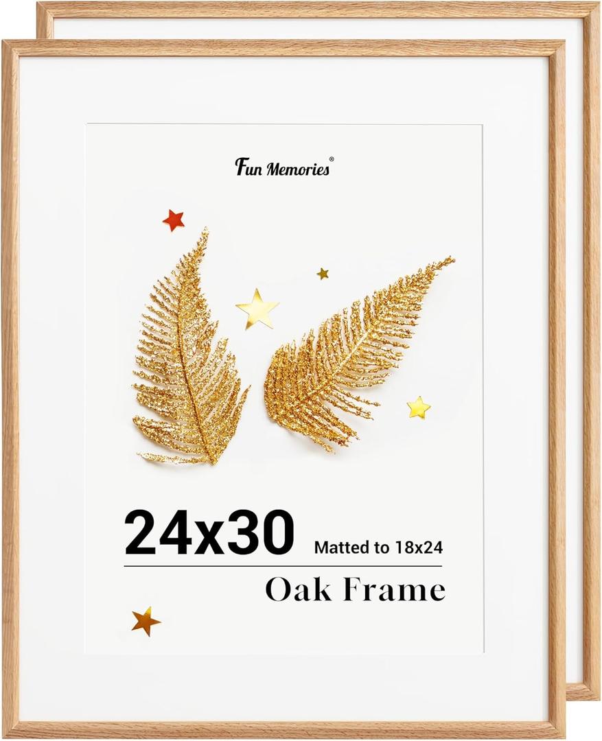 Fun Memories 24x30 Poster Frame, Solid Oak Wood Picture Frames, Modern Photo Frame for Wall 24x30 with 18x24 Mat, High Definition Plexiglass & Wall Hook Included (Beige, 2 Pack) (USA-Sourced Oak Wood Natural)