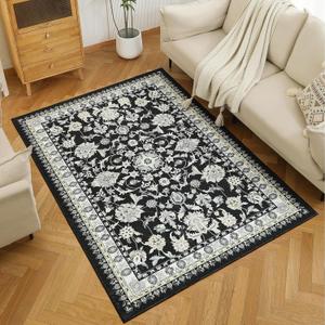 Boho Area Rugs with Non-Slip Backing, Machine Washable, Soft Print Pattern Indoor Carpet, Vintage Floral Mat, Ideal for High Traffic Areas in Living Room, Home, Black 6'x9'