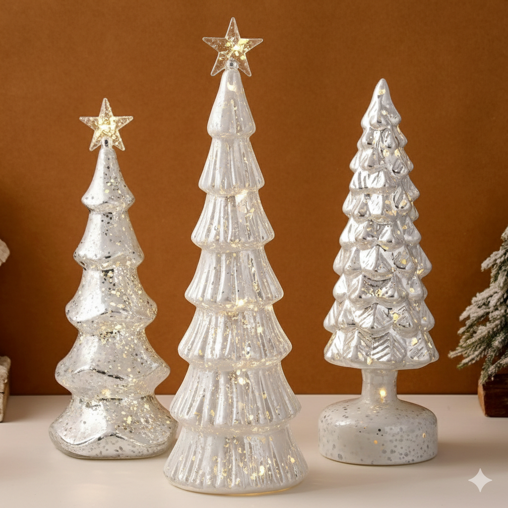 3 Pack Glass Christmas Trees Decor Lighted Christmas Tree Tabletop Glitter Centerpiece Decoration Glass Xmas Tree Figurines Holiday Ornament for Table Mantle Fireplace(Blue,Classic)