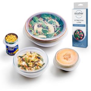 Stasher Premium Reusable Silicone Stretch Lids, Clear, 4pk of 9, 6.5, 4.5, and 2.5 Lids, Airtight Seal, Food Container Covers, BPA Free, Leak-Free, Dishwasher Safe, Microwave Safe, Eco-Friendly