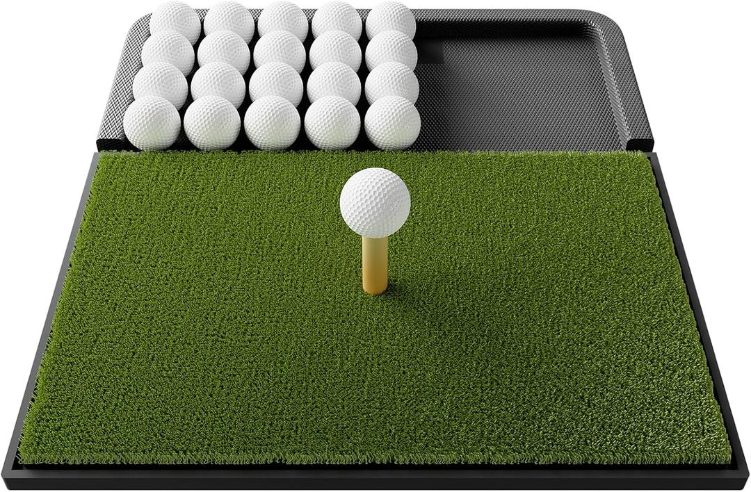 Integrated Golf Mat with Ball Tray, Small Thickening Golf Mats Practice Outdoor & Indoor, Artificial Grass with Anti-Slip Rubber Bottom Mat for Driving, Chipping Swing