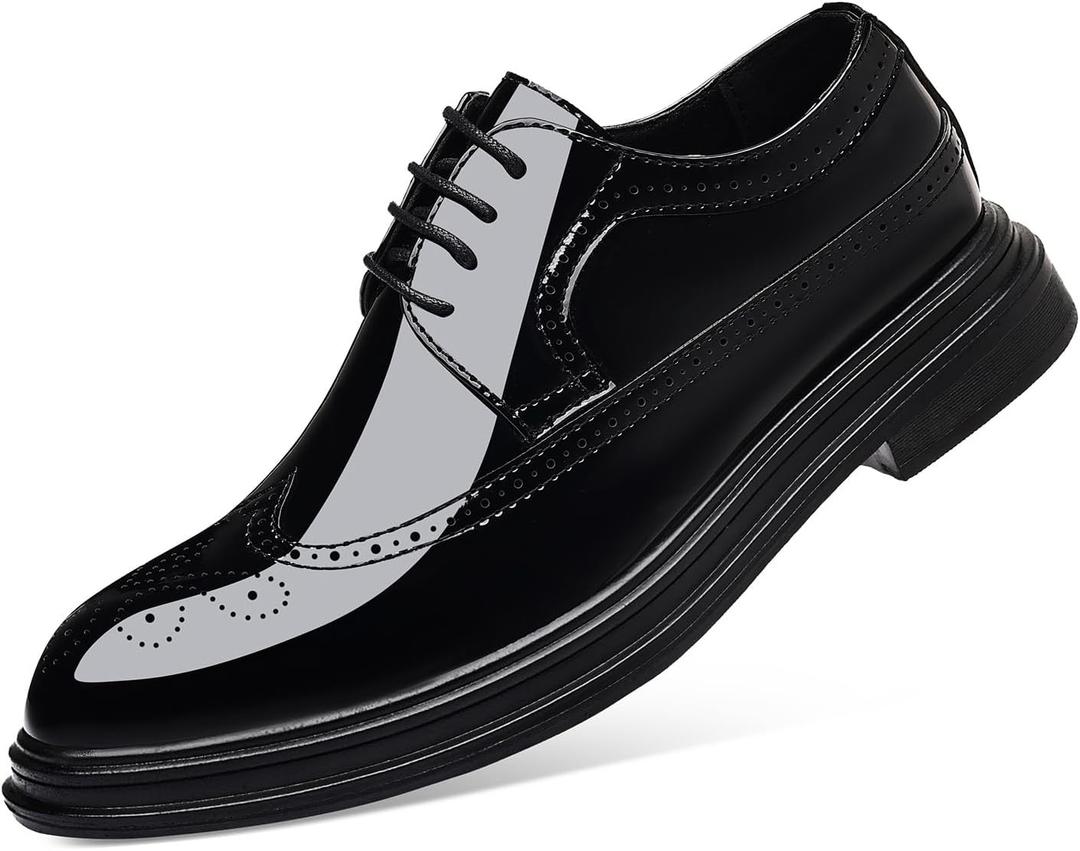 ZUAUOOT Men's Dress Shoes Patent Leather Casual Lace Up Business Formal Wingtip Shoes Black 39