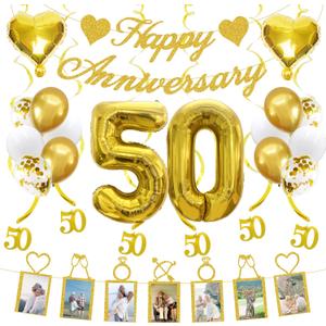 50th Anniversary Decorations Party Supplies Set of Happy Anniversary Photo Banner and Balloons,Hanging Swirls for 50 year Wedding decor(Gold)