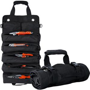 Portable Foldable Roll Up Tool Bag, Heavy Duty Tool Organizer Bag with 5 Compartments & 2 Detachable Pouches for Tools Storage, Waterproof Tool Roll Bag for Dad Men Electrician Mechanic Gifts