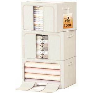 Clothes Storage Bins with Metal Frame, Foldable Clothes Organizers Storage Containers for Clothes, Sheets, Blankets, Pillows and Towels (100L, 3 Pack) Beige