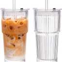 KEMORELA 2-Pack 20 oz Ribbed Glass Tumblers with Lids and Glass Straws Vintage Iced Coffee Cups, Reusable Smoothie & Cocktail Drinking Glasses, Clear Glassware for Home or Cafe