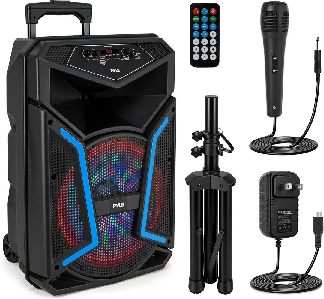 Pyle Portable Bluetooth PA Speaker System - 800W Outdoor Bluetooth Speaker Portable PA System w/ Microphone In, Party Lights, MP3/USB, FM Radio, Rolling Wheels - Mic, Remote - Pyle PPHP122SM,Black