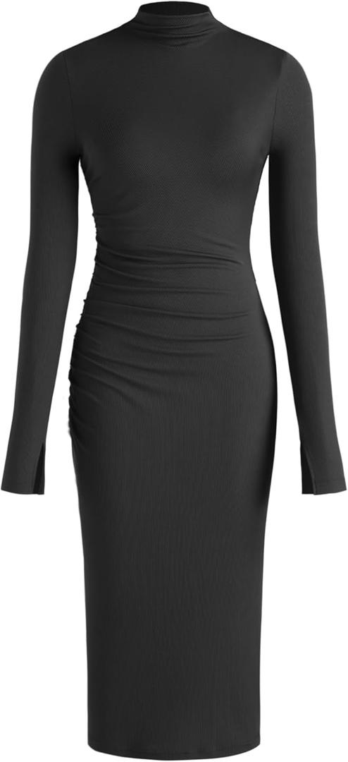 CIDER Long Sleeve Dress for Women High Neck Ribbed Knit Bodycon Ruched Midi Dress Cocktail Party Sweater Solid Dress (Small, Black)