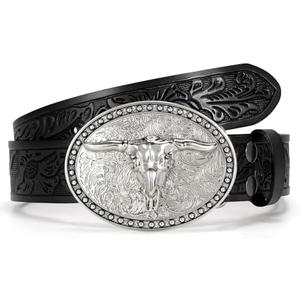 VONMELLI Western Belt for Men Women, Embossed Leather with Bull Buckle