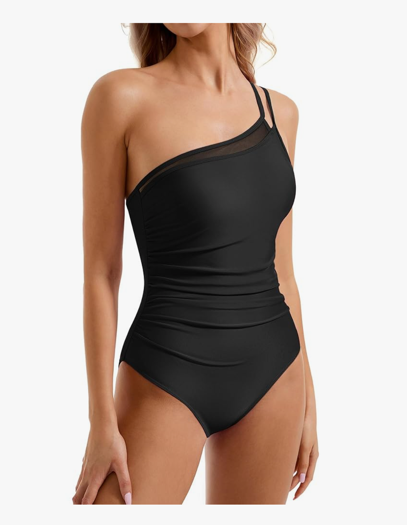 SUUKSESS Women Tummy Control One Piece Swimsuit Mesh One Shoulder Bathing Suit S