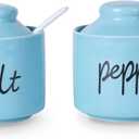 ONTUBE Farmhouse 8oz Pepper and Salt Bowls with Lid and Spoon, Ceramics Condiment Pots,Seasoning Jar Spice Container for Kitchen,Dishwasher Safe (Turquoise)