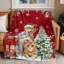 Chucoco Throw Blankets, Christmas Santa Cute Cats Luxury Ultra Soft Flannel Bed Blanket Blossoms Poinsettia Fir Tree Leaf Red Berry Cozy Warm Fleece Cover for Sofa Couch Chair 50"x60"