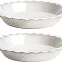 LE TAUCI Pie Pans for Baking 9 Inch, Ceramic Pie Plate for Apple Pie, Round Baking Dish Oven Safe, Embossment Housewarming Wedding Present - 36 OZ, Set of 2, Fireworks + Honey Comb, Arctic White