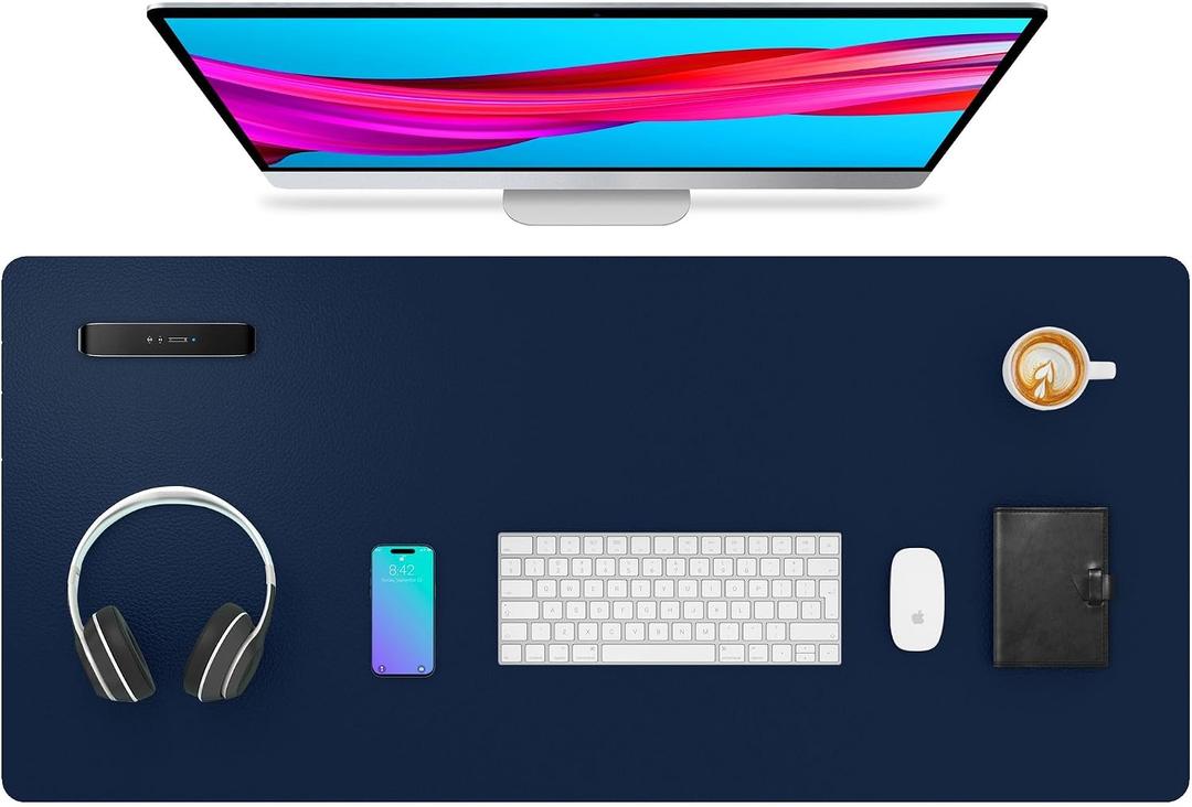 Aothia Faux Leather Desk Mat - Large Mouse Pad, Non-Slip PU Leather Blotter, Waterproof Writing Surface for Office and Home (Dark Blue, 40" x 24")
