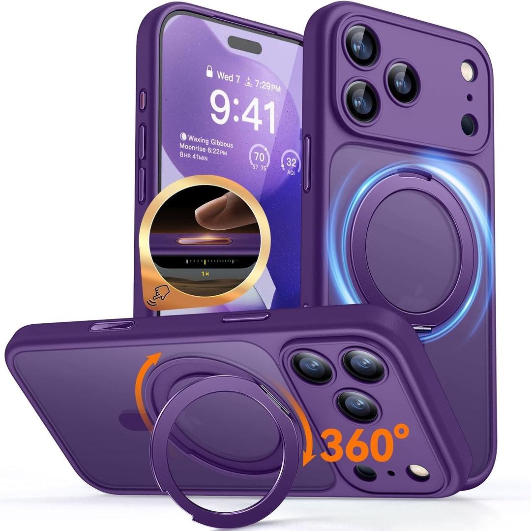 CANSHN 360 Spin Magnetic Stand for iPhone 17 Pro Case with Camera Control [Full Camera Protection] [Compatible with Magsafe] Translucent Matte Shockproof Protective Phone Cover 6.3" - Deep Purple
