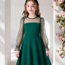 Girl's Contrast Mesh Puff Long Sleeve High Waist A Line Green,5-6 Years