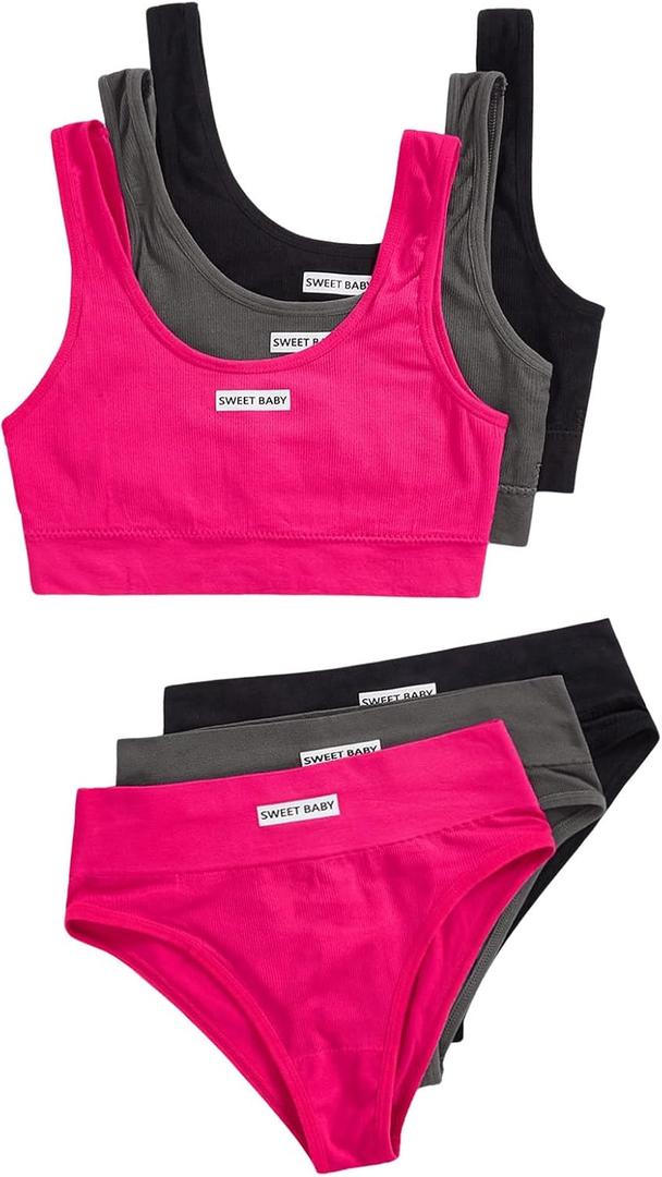 BEAUDRM Women's 3 Pack Lingerie Sets Letter Wireless Bralettes No Show Bra and Panty Comfy Nightwear Matching Underwear Sets, Medium