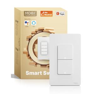 MOES Smart Double Light Switches, 2.4GHz WiFi 2 Gang Single Pole Switch, No Neutral Wire Needed, Require Capacitors, Work with Alexa Google Assistant