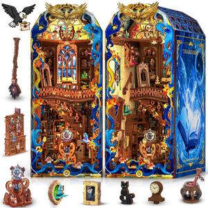 Book Nook Kit, DIY Miniature House 3D Wooden Puzzle with LED Light, Fantasy Bookstore Bookshelf Decor for Adults, Teens & Beginners, Gift for Book Lovers