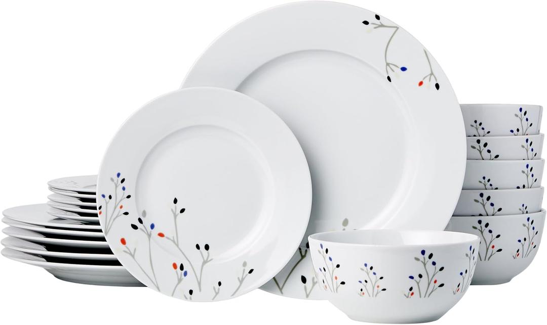 Amazon Basics Dinnerware Set, Microwave and Dishwasher Safe, Service for 6, 18-Piece Complete Kitchen, Plates, Dishes, Bowls, Branches