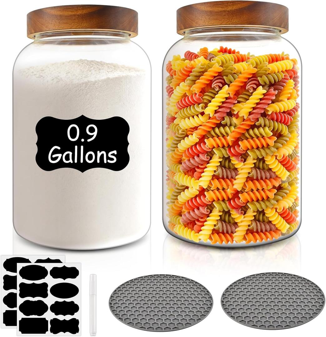 2-Pack 0.9 Gallon Large Glass Jars, Airtight Storage Canisters | Wide mouth 115 oz kitchen containers for laundry room flour sugar pantry organization. Includes 16 labels pen 2 silicone mats