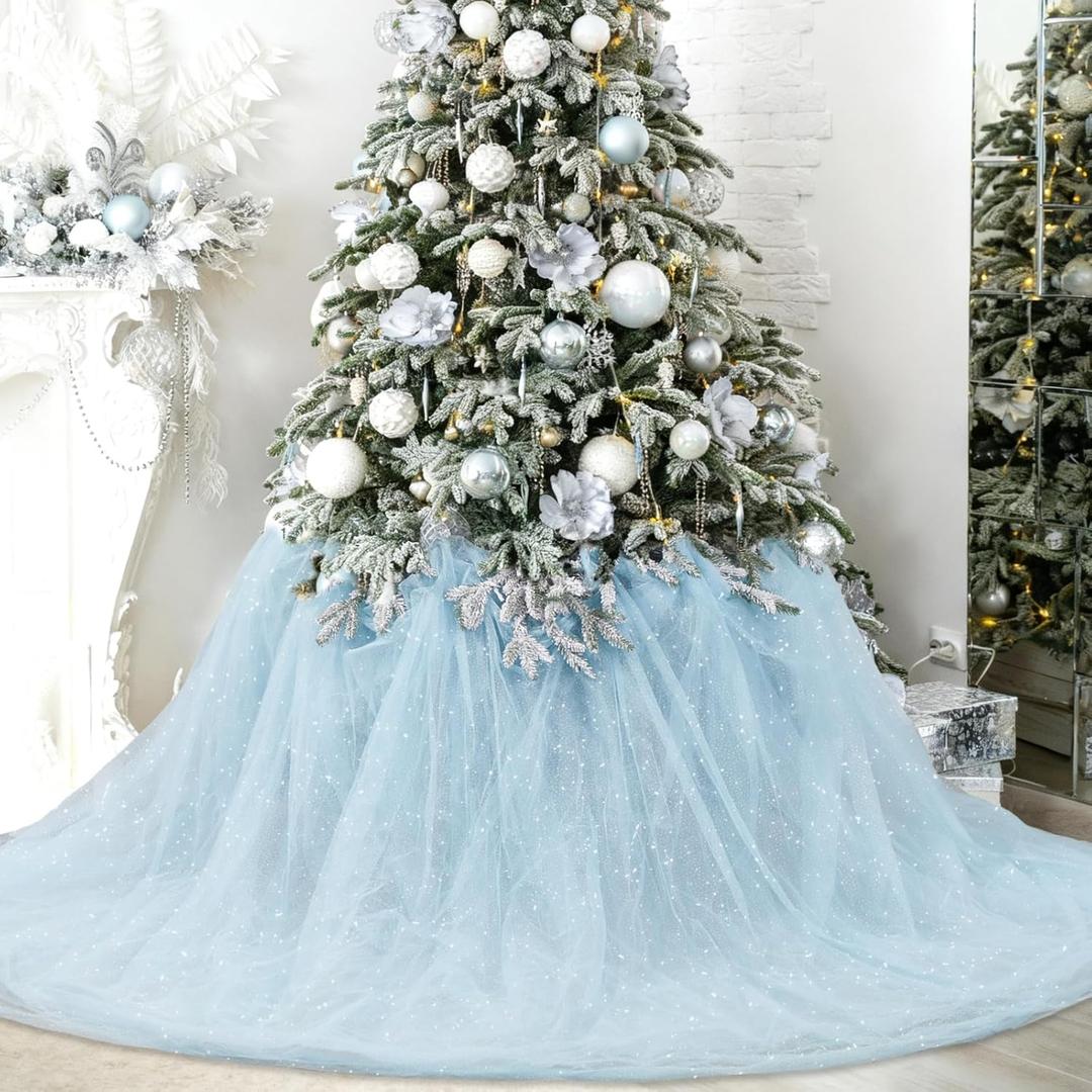 4 x 10.8 ft Extra Large Fluffy Tulle Christmas Tree Decorations Pleated Sparkly Tutu Christmas Tree Skirt Vintage Elegant Ornaments for Xmas Wedding Home Dining Table Decorations(Blue)