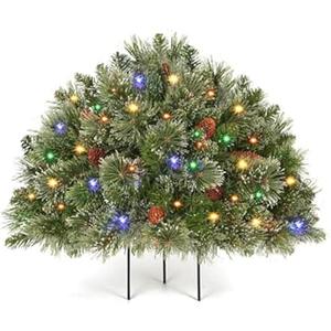 OasisCraft 18 Inch Outdoor Prelit Christmas Tree with Multi-Color Lights, Snow Flocked Artificial Holiday Planter Filler with Pinecones, Battery Powered for Porch, Urn & Garden Decor