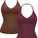 OLCHEE Womens Halter Tank Tops V Neck Impact Backless Longline Strappy Adjustable Gym Workout Top Padded (S)