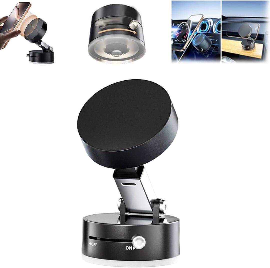Oudvaker Foldable Magnetic Vacuum Phone Holder, 360° Electric Suction Car Mount, Double-Sided Swivel Stand for Car, Mirror, Gym, Kitchen, Hands-Free Portable Phone Holder (Black)