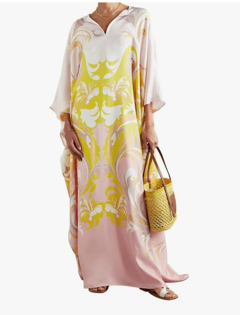 Designer Printed Satin Silk Casual Wear Kaftan for Women,Boat Neck Silk Caftan Dress, Kaftan for Woman,Maxi Long Dress, Gift for Kaftan Yellow Size 20