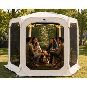 Abahub Pop Up Screen House Tent, 9.8 x 9.8 FT, Beige | 6-8 Person Capacity, Screen Room Gazebo, Instant Setup, Carry Bag Included, For Patio, Backyard, Deck & Outdoor Activities, 9.8x9.8x6.7 FT