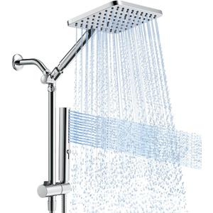 Shower Heads with Handheld Spray Combo, 10 Inch High Pressure Rain/Rainfall Shower Head, Height Adjustable Dual 2 in 1 Shower Head System with Stainless Steel Hose (Chrome)