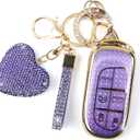 Key Fob Cover with Diamond Keychain for Women, Car Key Holder Compatible with Jeep Grand Cherokee Renegade Dodge RAM Durango Challenger Chrysler Protector, 5 Buttons (Purple-Heart)