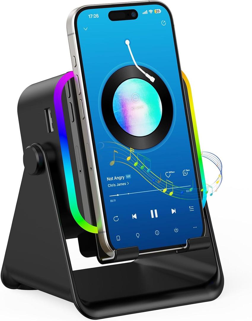 TARKARI Wireless Induction Speaker, 5 in 1 Bluetooth Speaker, Emergency Charging 360 Rotation Cell Phone Stand Compatible with iPhone Android iPad Samsung, Birthday Gifts for Men Women