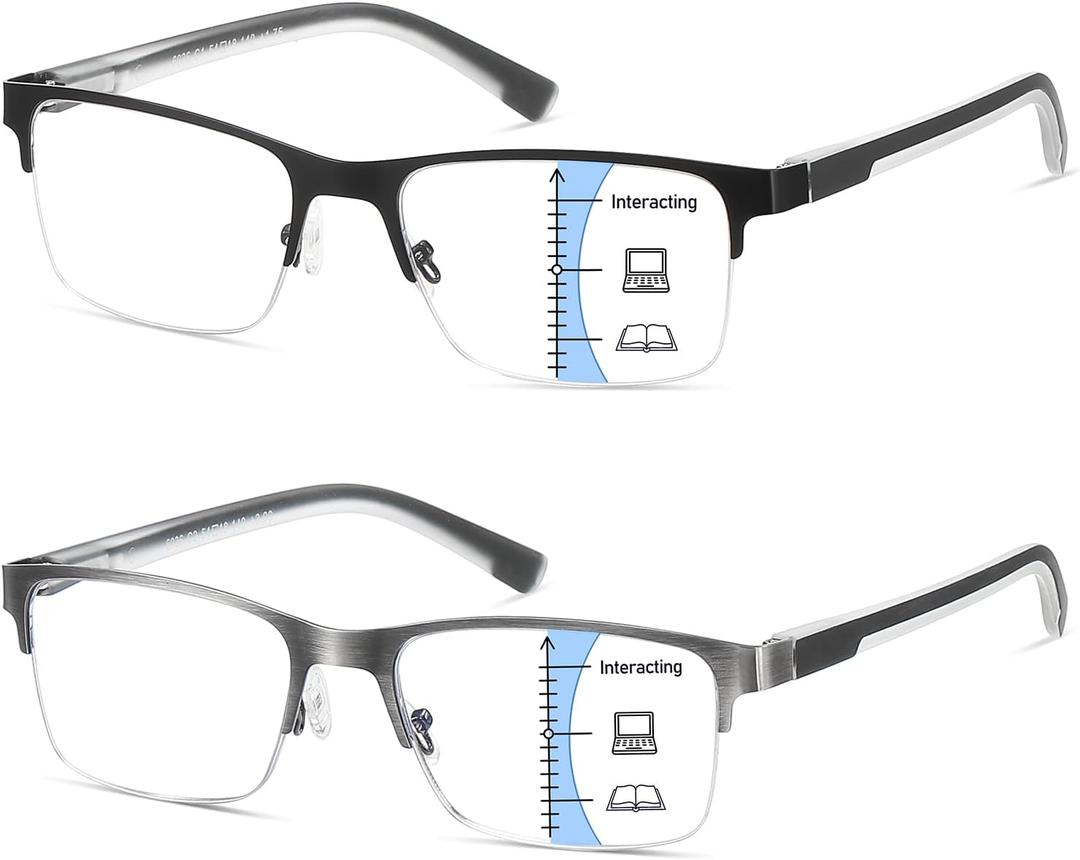 Multifocus Reading Glasses Men No Line Progressive Multifocal Reader Blue Light Computer Metal Frame Trifocal Eyeglass (Multifocal ( Black + Gun ))